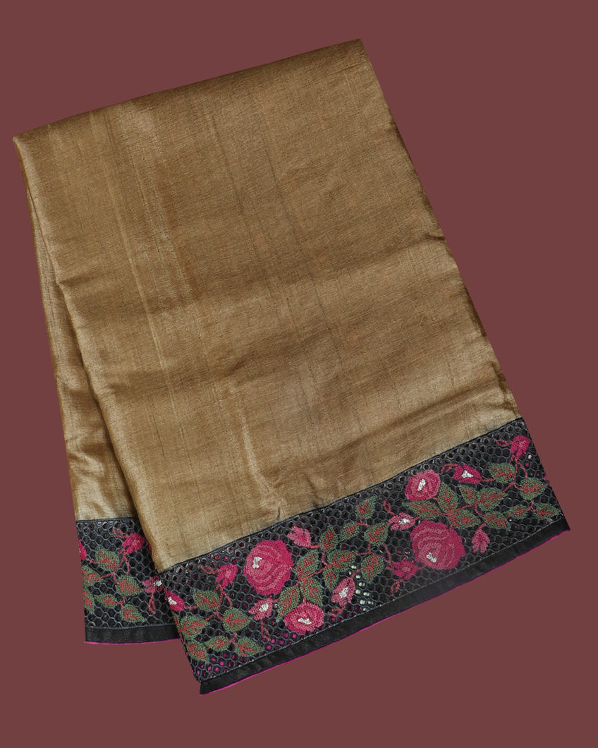 Dark Beige Tussar Cutwork Saree T421494-image