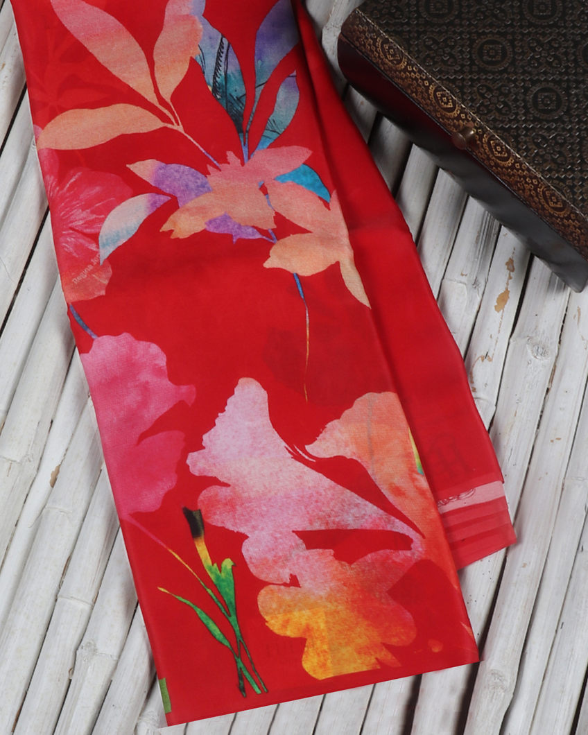 Red Printed Satin Crepe Silk Saree T421817-image