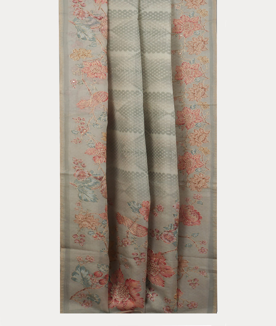 Grey Kora Organza Printed Saree T3811772