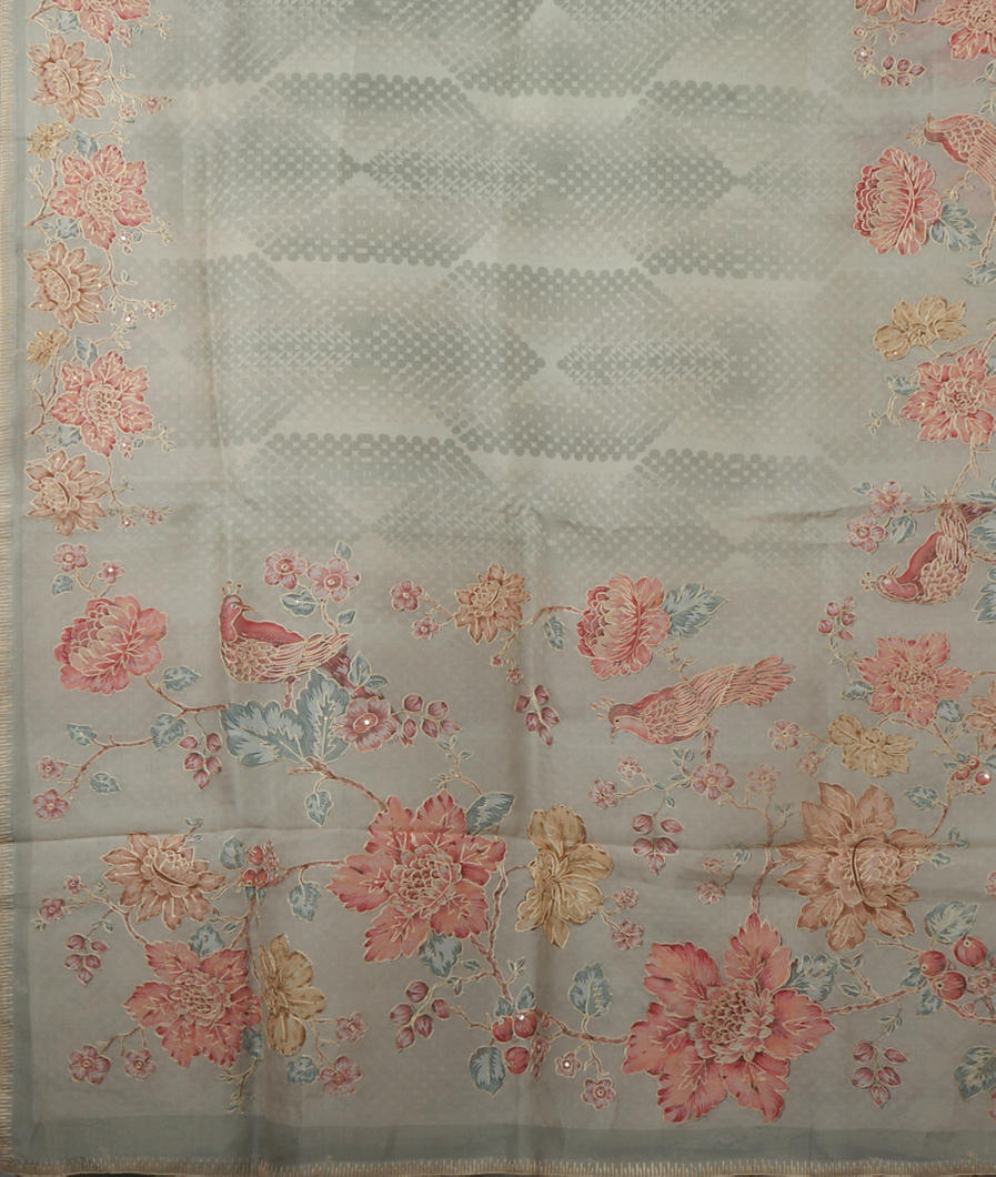 Grey Kora Organza Printed Saree T3811774