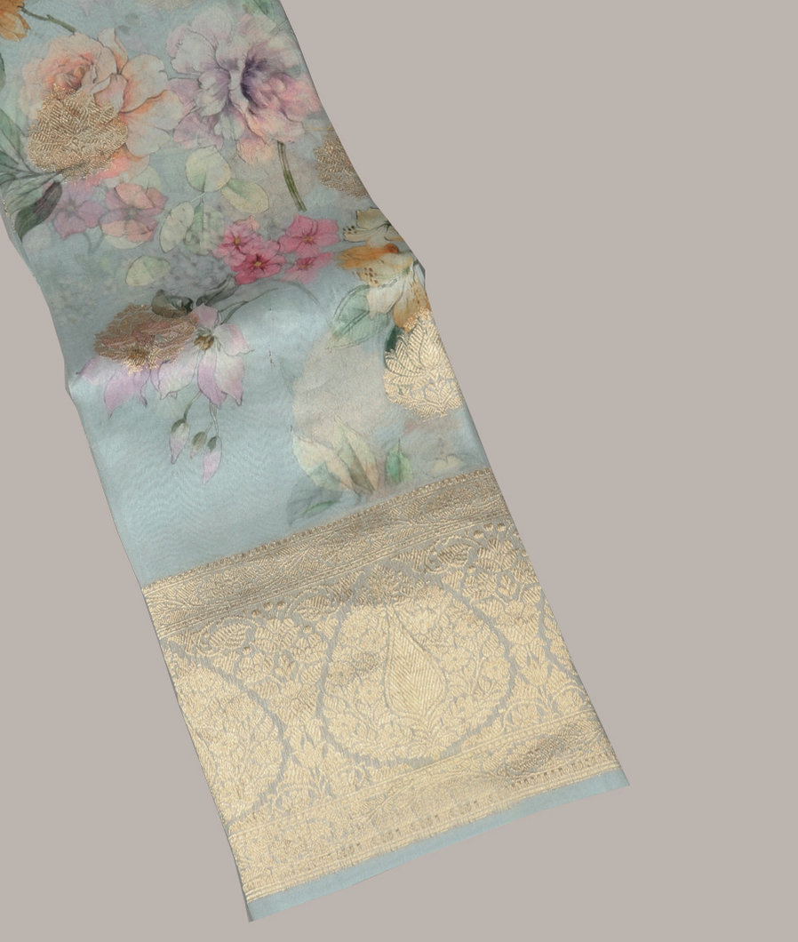 Bluish Grey Kora Organza Printed Saree T394225-image