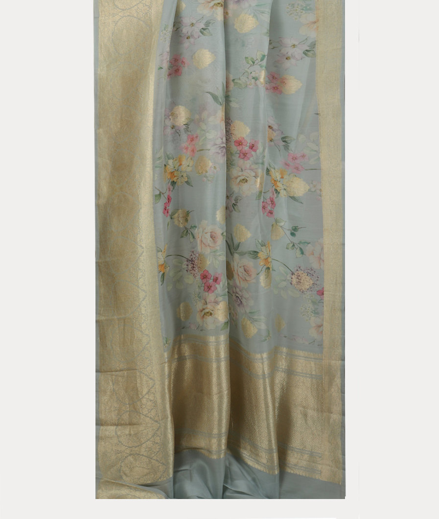 Bluish Grey Kora Organza Printed Saree T3942252