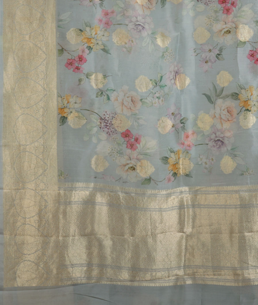 Bluish Grey Kora Organza Printed Saree T3942254