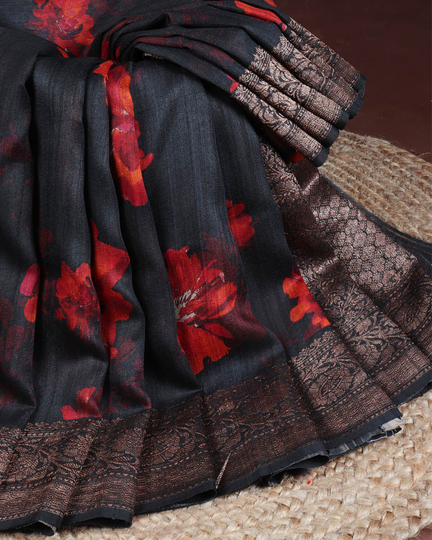 Elephant Grey Printed Banaras Tussar Georgette Saree T4238492