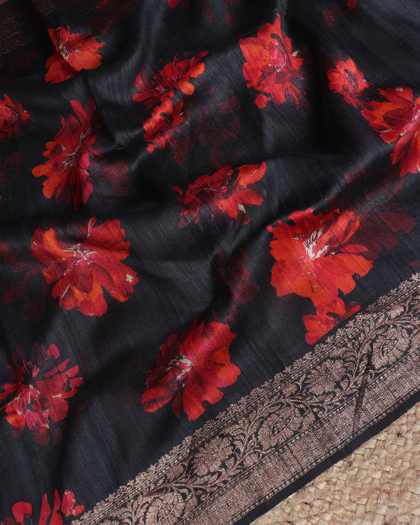 Elephant Grey Printed Banaras Tussar Georgette Saree T4238494