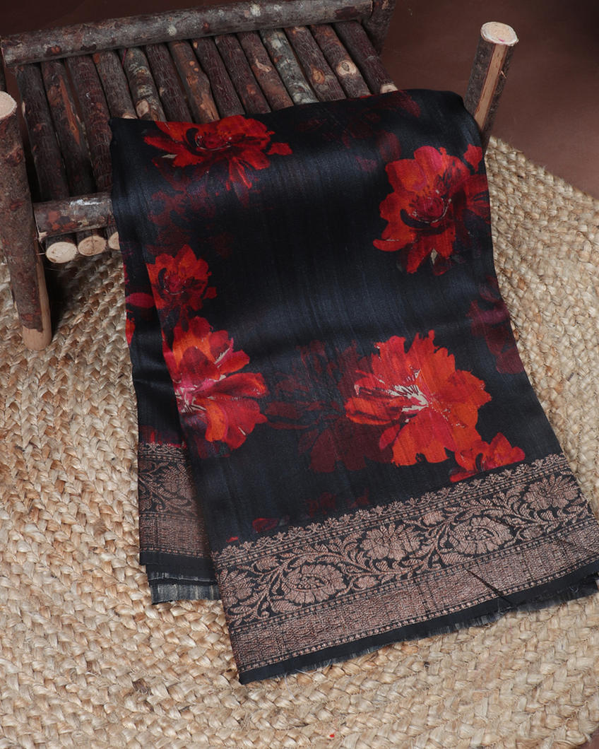 Elephant Grey Printed Banaras Tussar Georgette Saree T423849-image