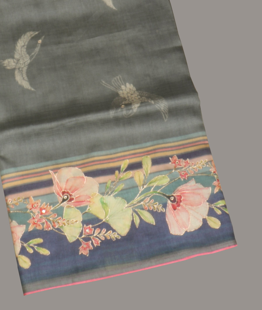 Grey Tussar Printed Saree T416362-image