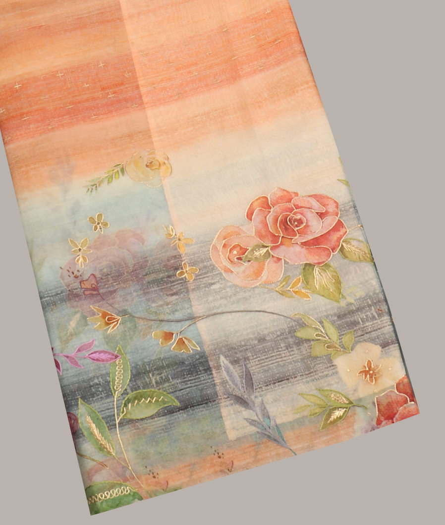 Peach Kora Organza Printed Saree T400299-image