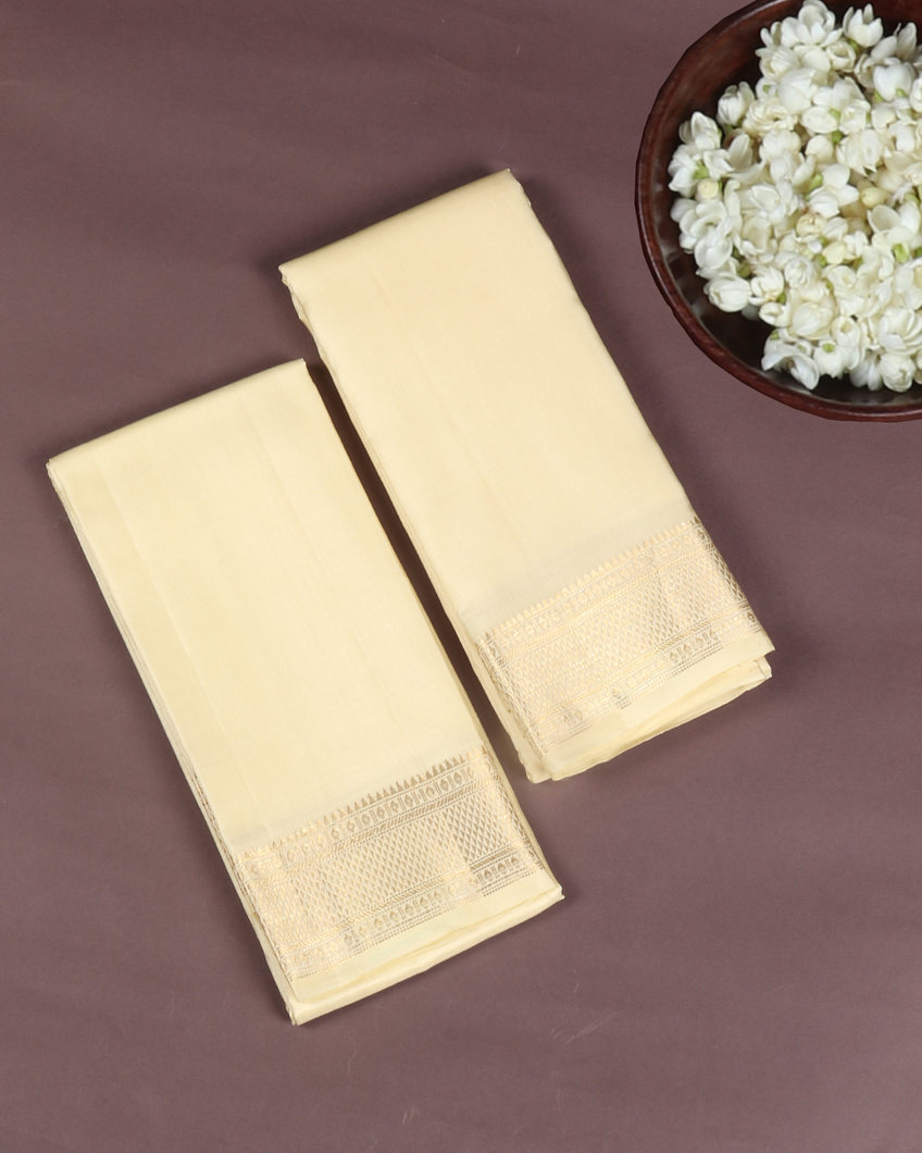 Cream Handwoven Kanjivaram Silk Dhoti and Vastharam T421569-image