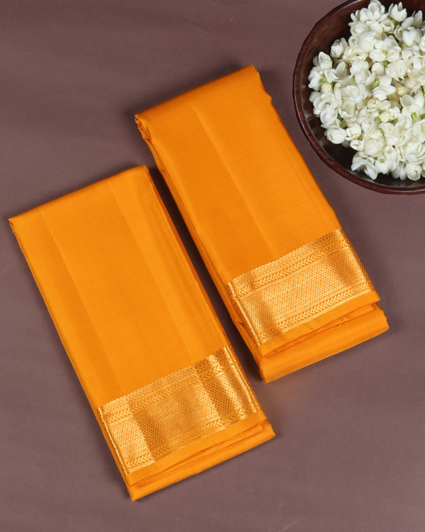 Yellow Handwoven Kanjivaram Silk Dhoti and Vastharam T421568-image