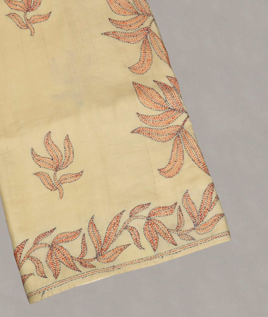 Cream Tussar Kantha Work Saree T240191-image