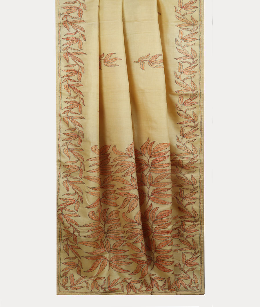 Cream Tussar Kantha Work Saree T2401912