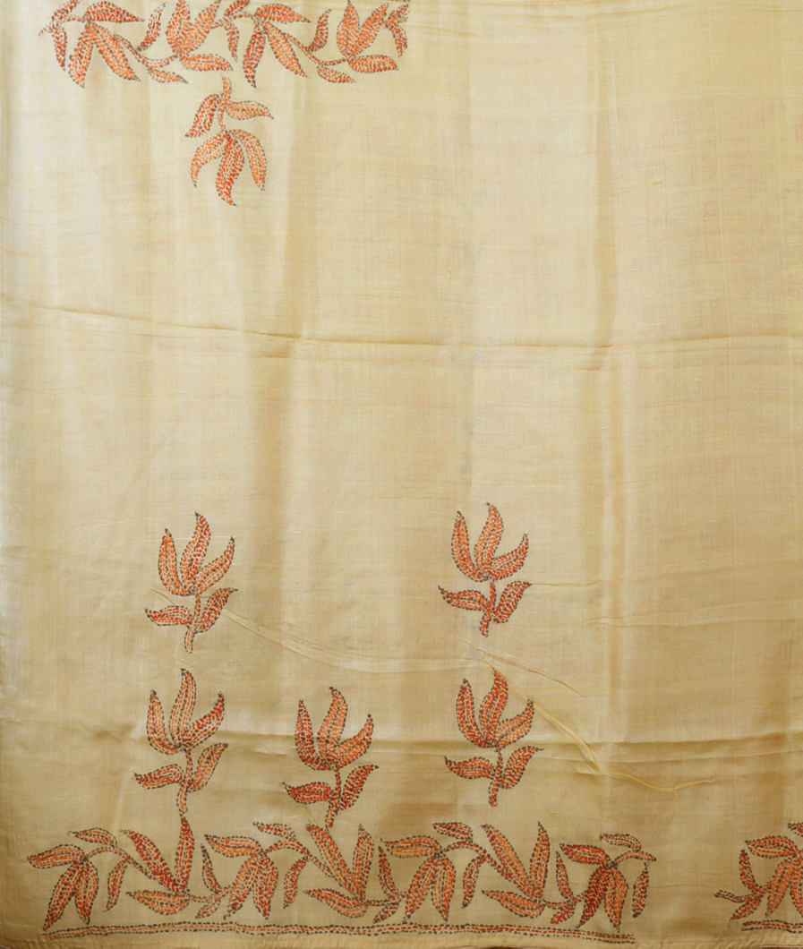 Cream Tussar Kantha Work Saree T2401913