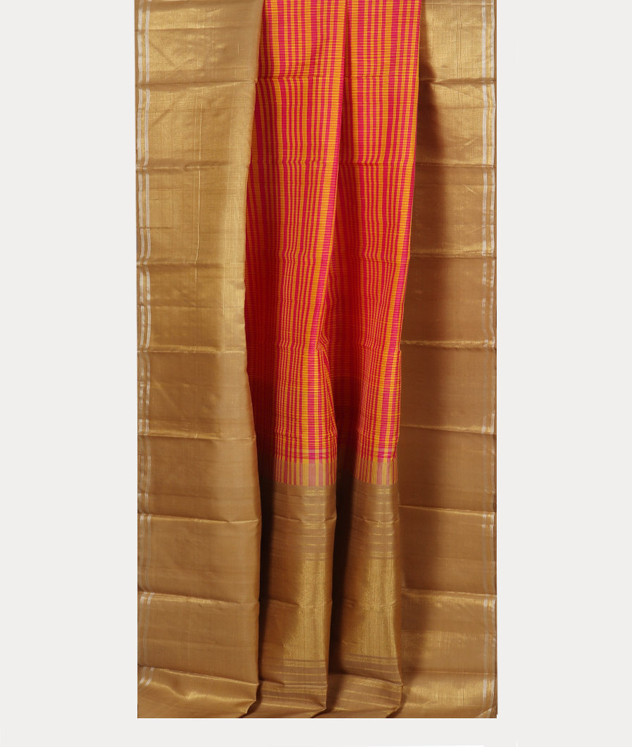 Pink And Yellow Handwoven Kanjivaram Silk Saree T3249892