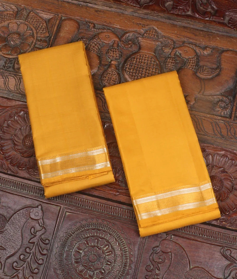Yellow Handwoven Kanjivaram Silk Dhoti and Vastharam T421545-image