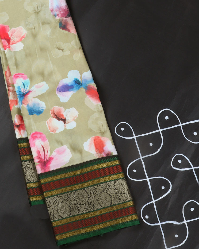 Greenish Beige Printed Kanjivaram Silk Saree T399232-image