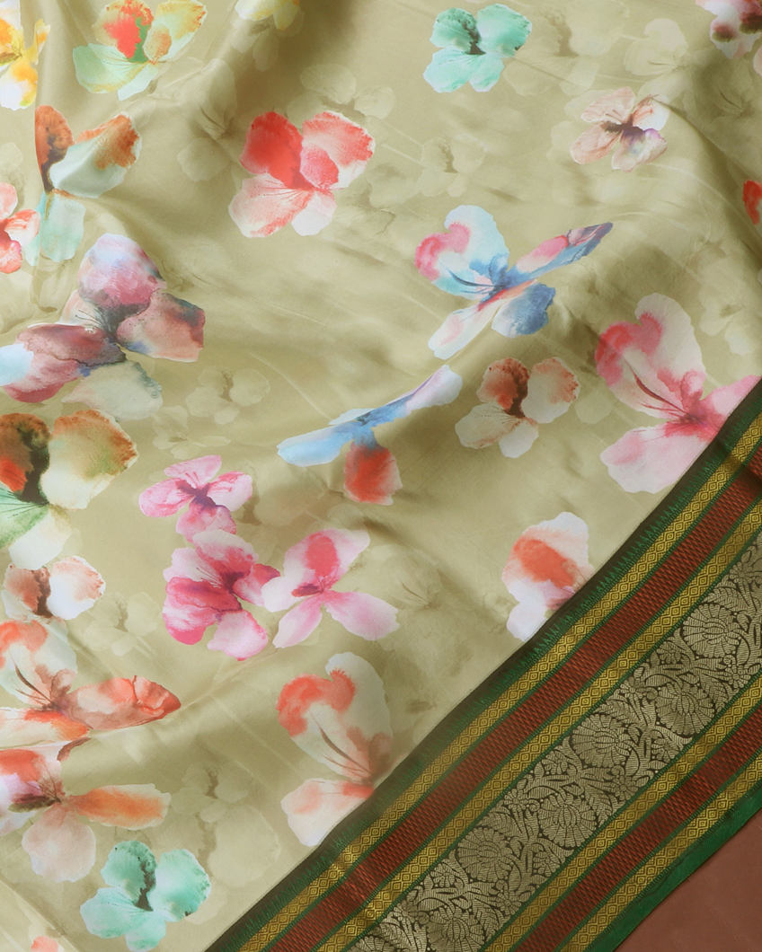 Greenish Beige Printed Kanjivaram Silk Saree T3992324