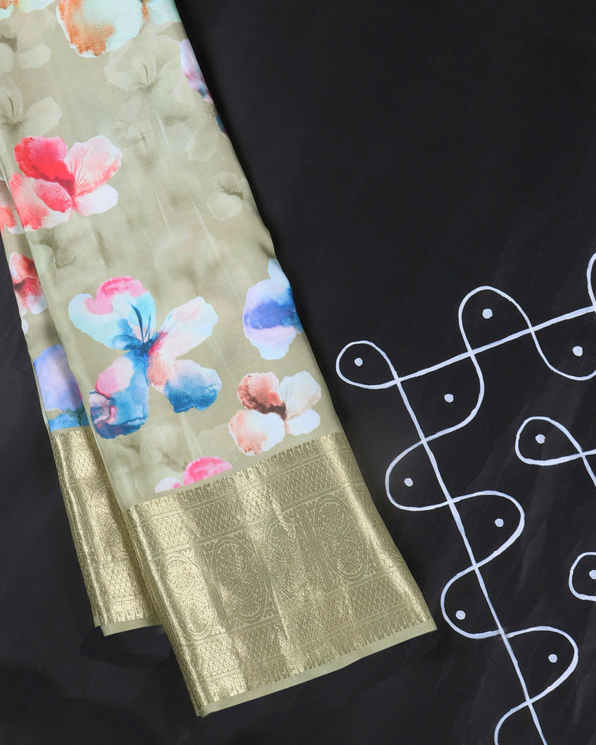 Greenish Beige Printed Kanjivaram Silk Saree T397660-image
