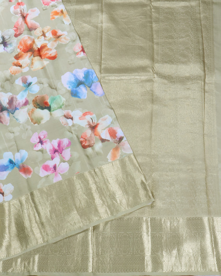 Greenish Beige Printed Kanjivaram Silk Saree T3976602