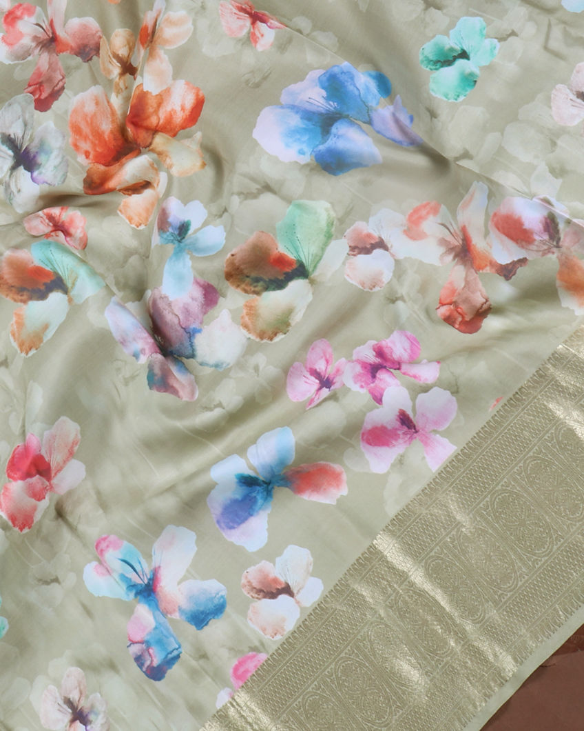 Greenish Beige Printed Kanjivaram Silk Saree T3976604