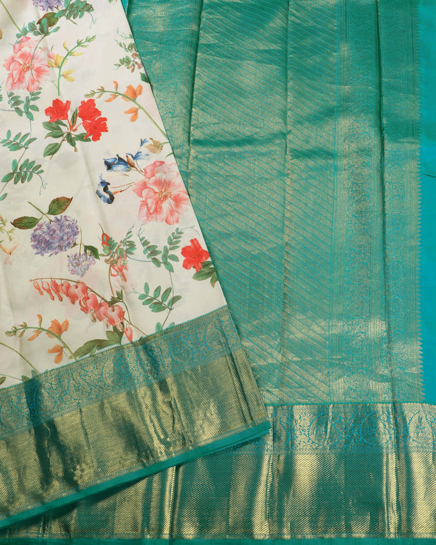 White Printed Kanjivaram Silk Saree T4072842