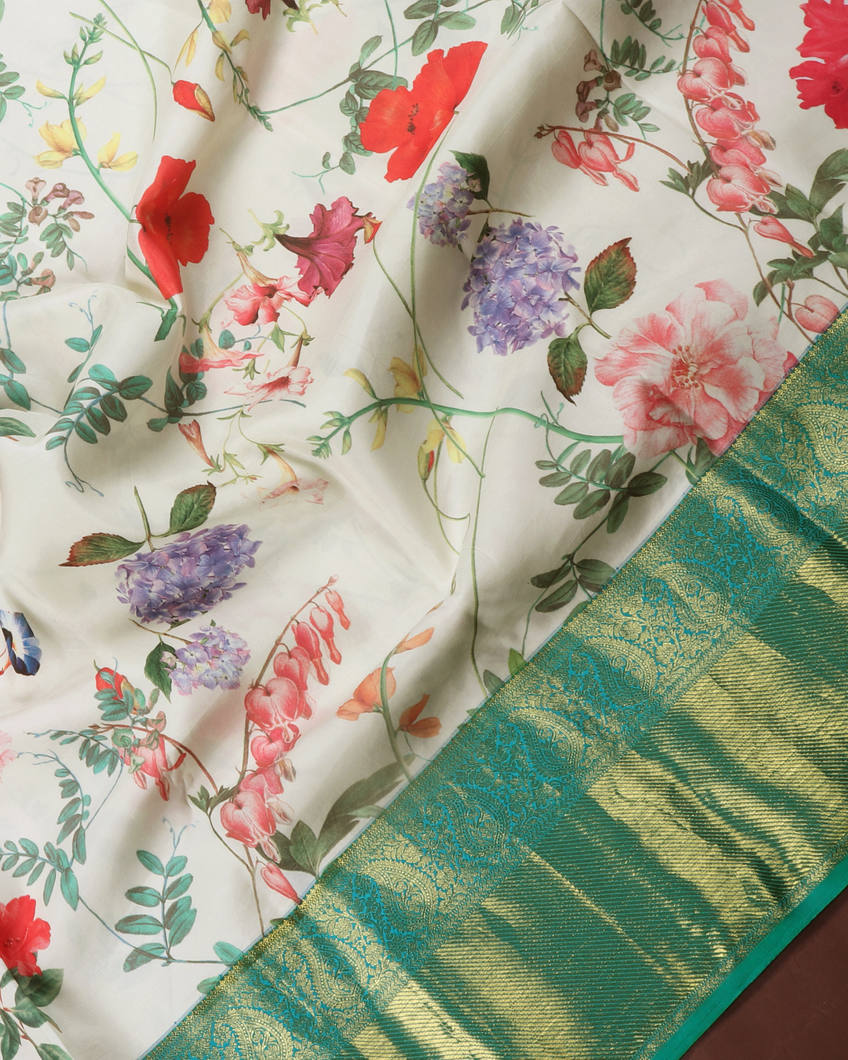 White Printed Kanjivaram Silk Saree T4072844