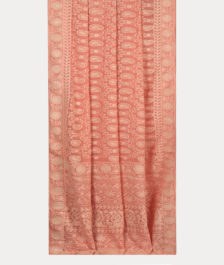 Peach Georgette Silk Embroidery Saree T4228422