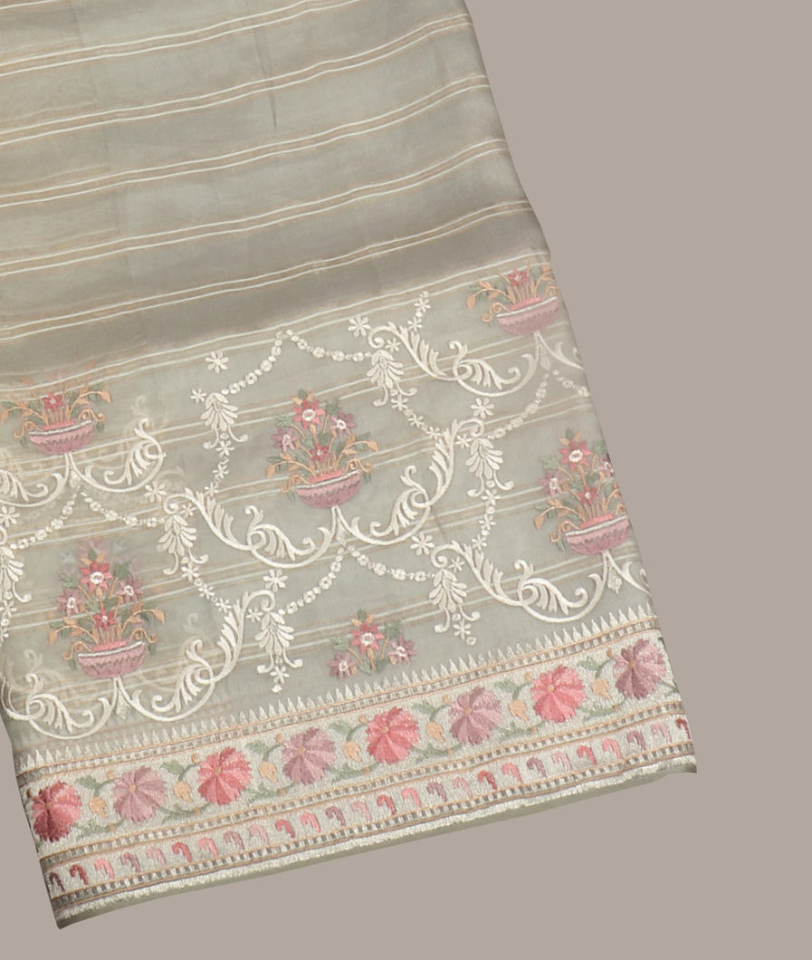 Grey Kora Organza Embroidery Saree T358223-image