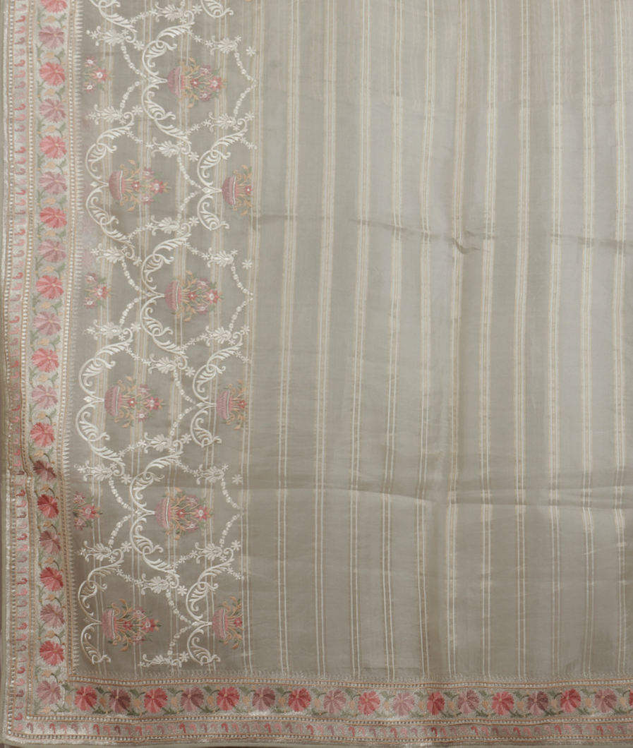Grey Kora Organza Embroidery Saree T3582234