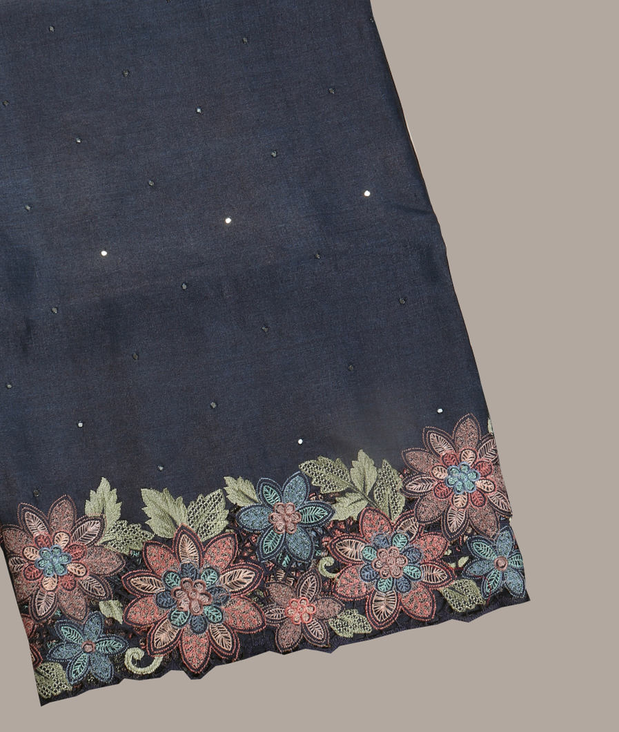Midnight Blue Tussar Cutwork Saree T423859-image