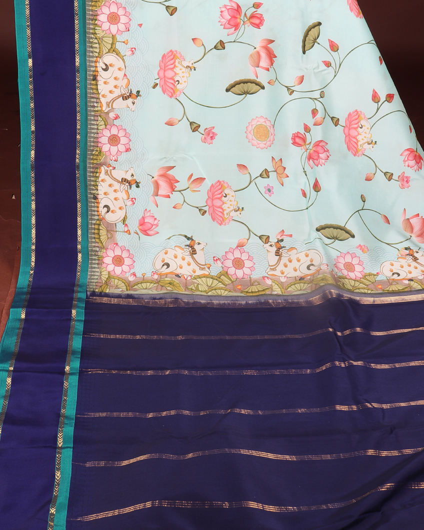 Blue Printed Soft Silk Saree T4242724