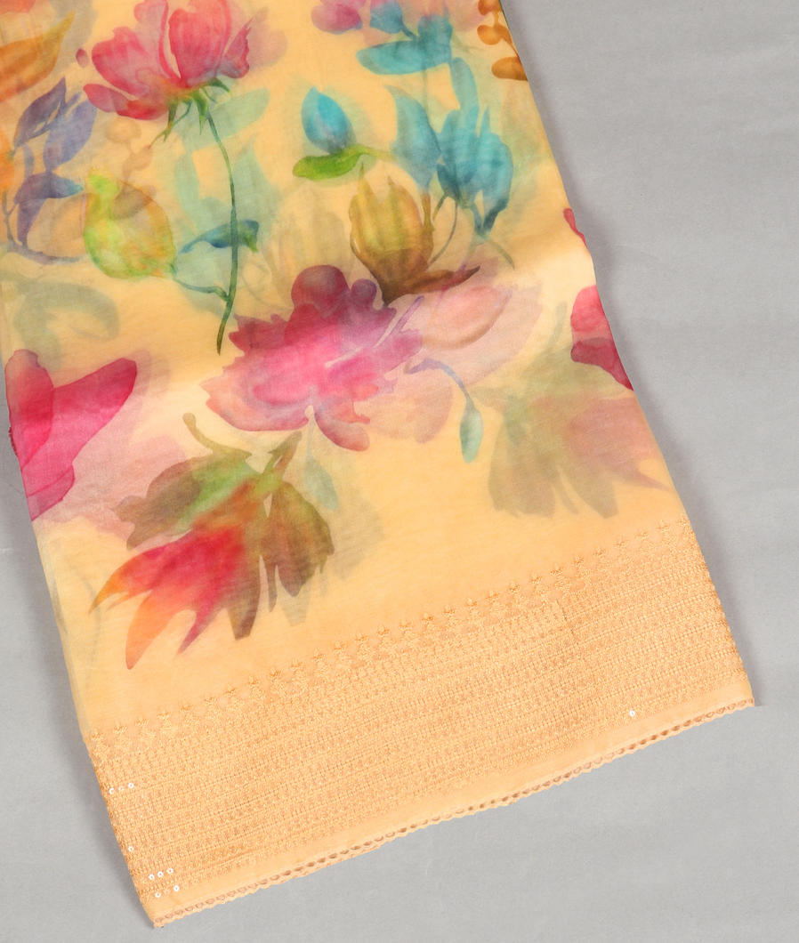 Yellow  Kora Organza Printed Saree T422397-image