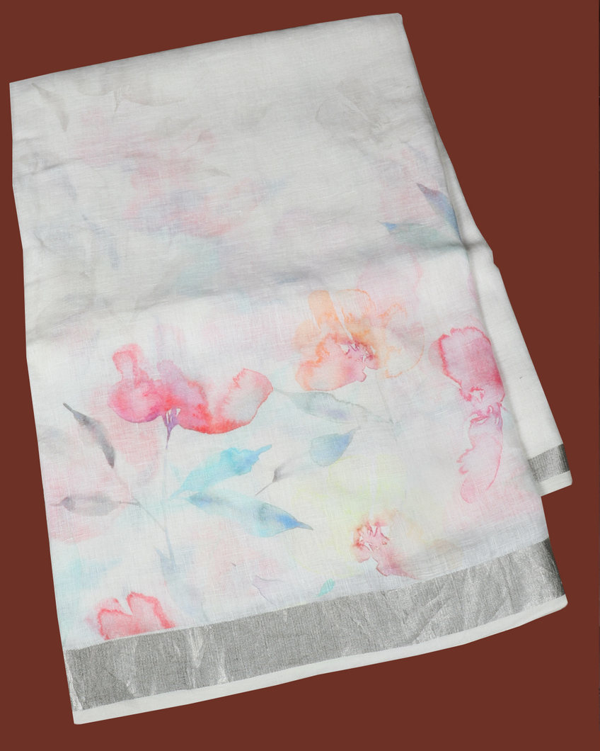 White Linen Printed Saree T427058-image