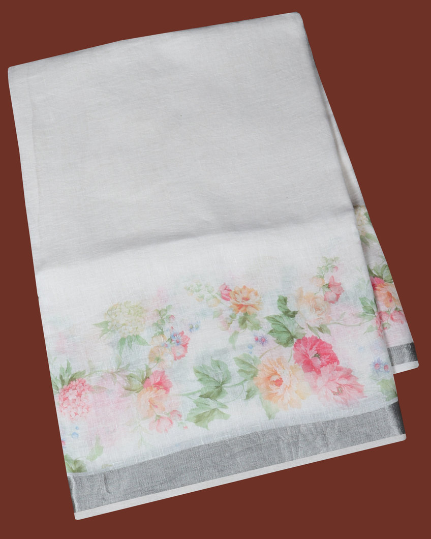White Linen Printed Saree T427059-image