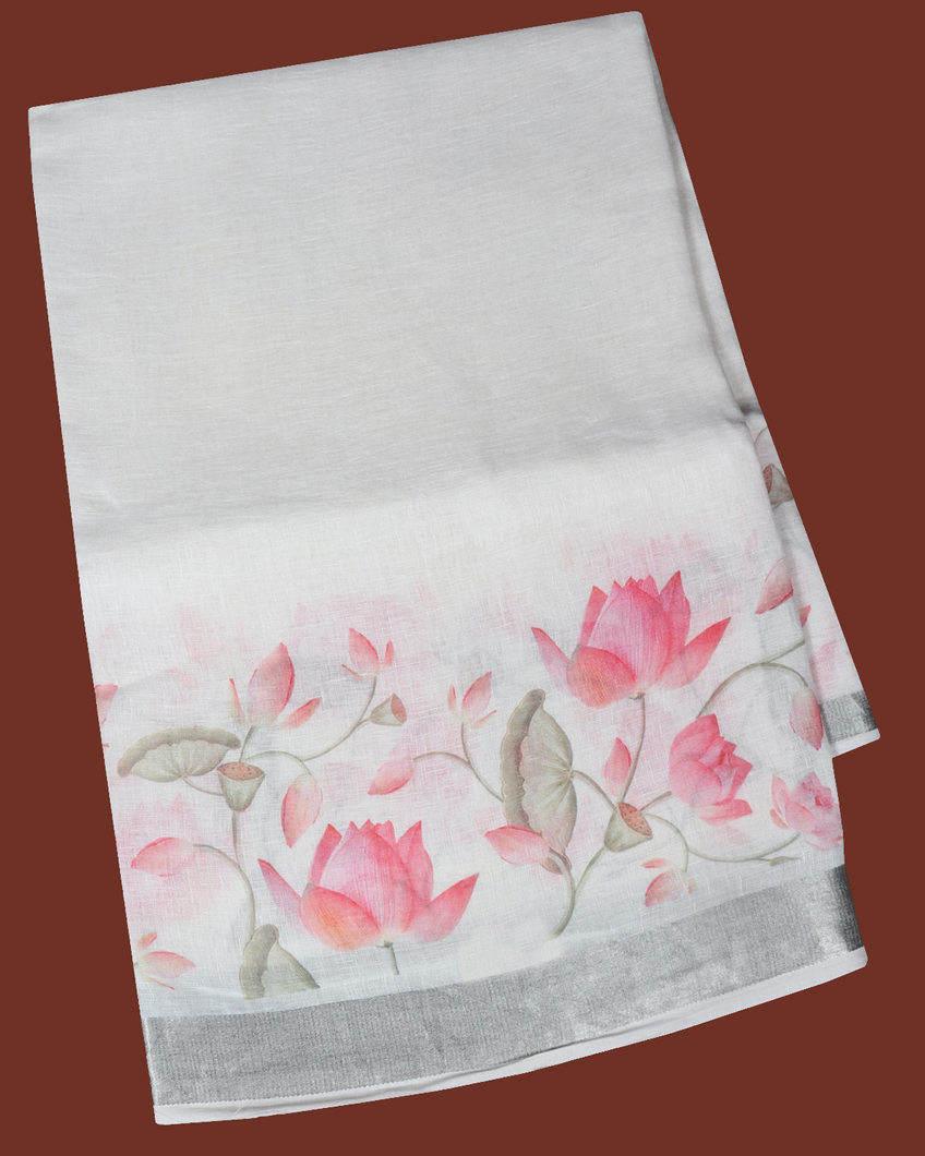 White Linen Printed Saree T427060-image