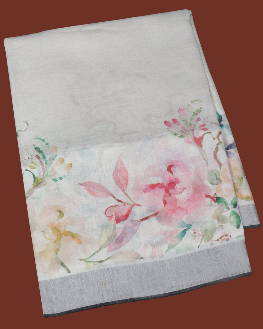 White Linen Printed Saree T427061-image