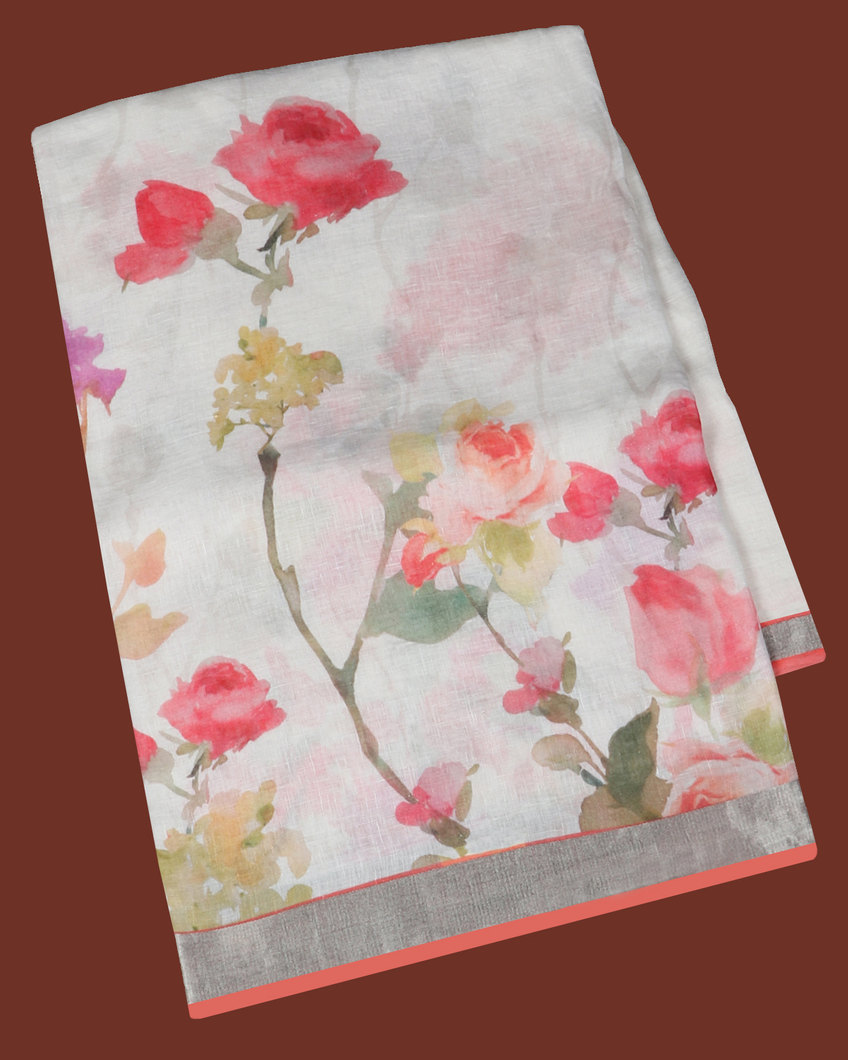 White Linen Printed Saree T427057-image