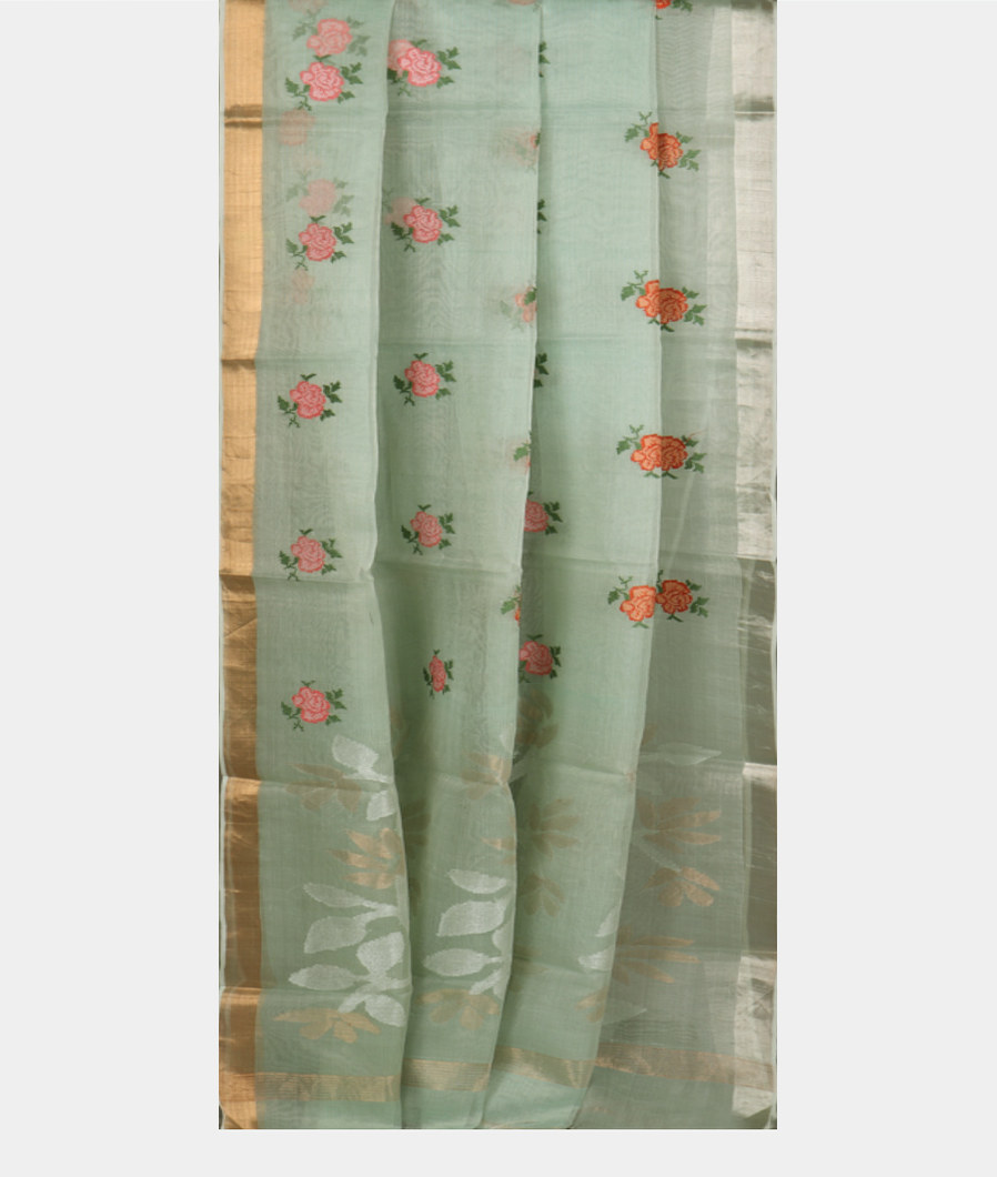 Green Kora Tissue Organza Embroidery Saree T3513592