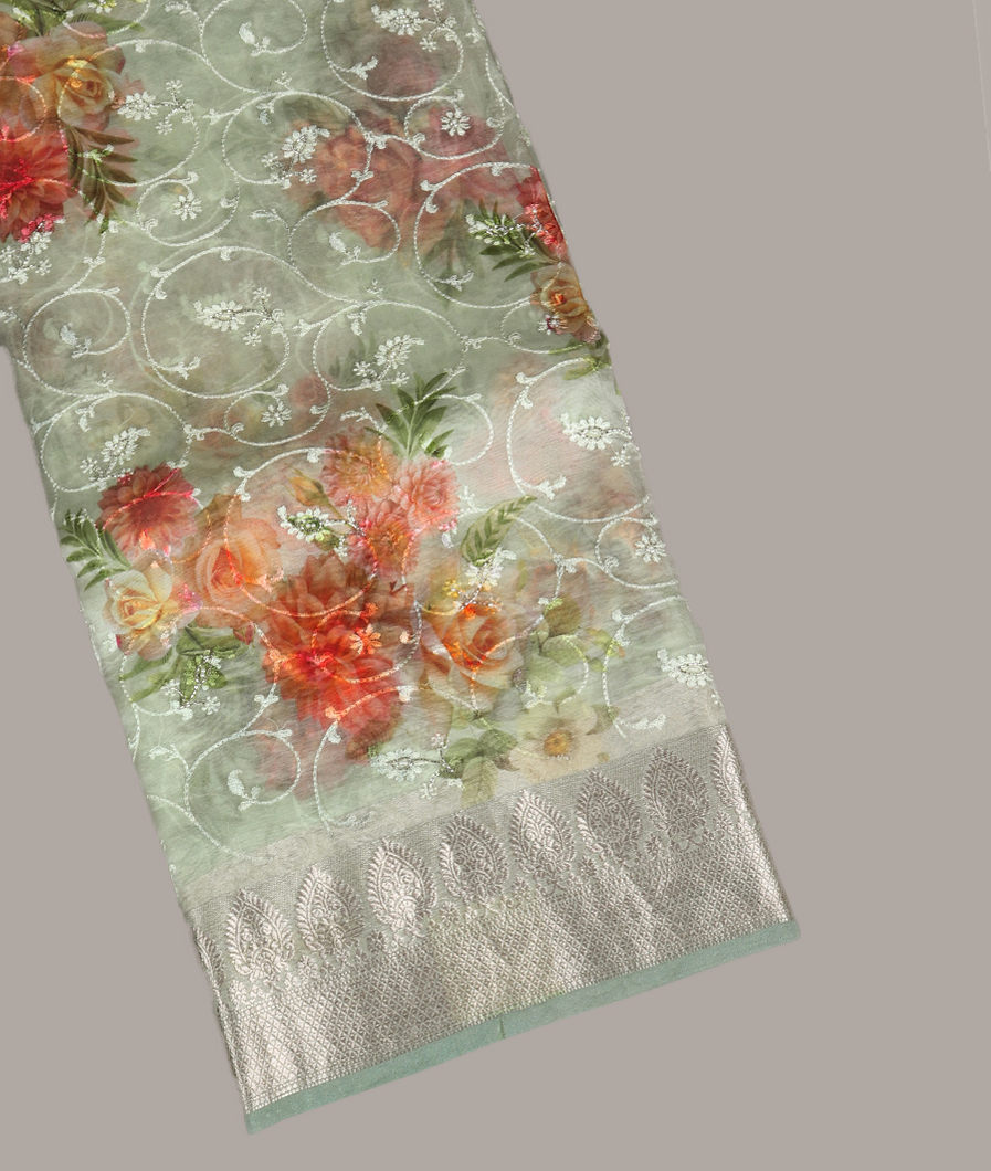 Light Green Kora Organza Embroidery Saree T380686-image