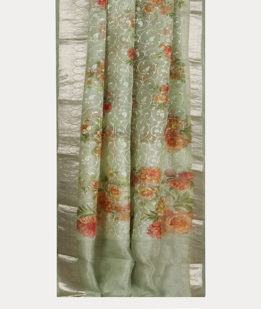 Light Green Kora Organza Embroidery Saree T3806862