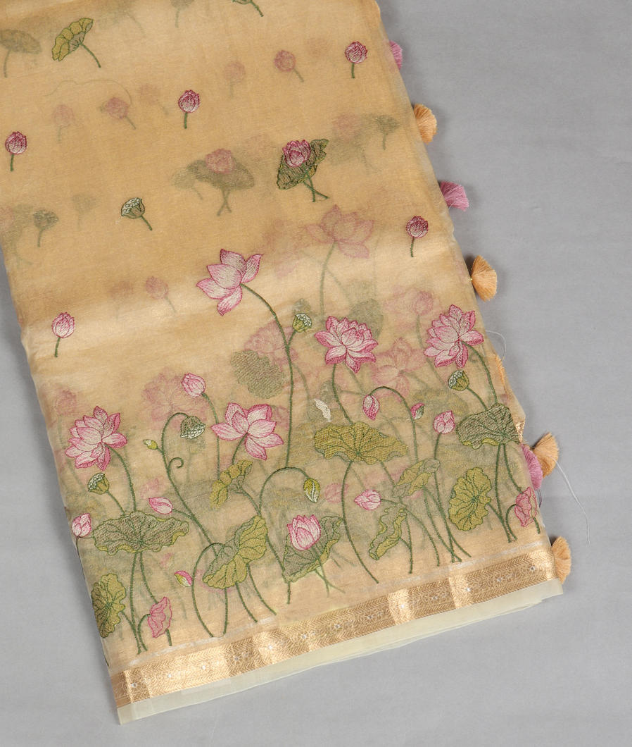 Beige Kora Tissue Organza Embroidery Saree T427219-image