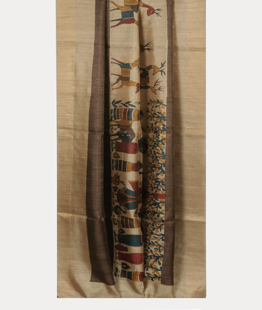 Beige Tussar Printed Saree T3773852