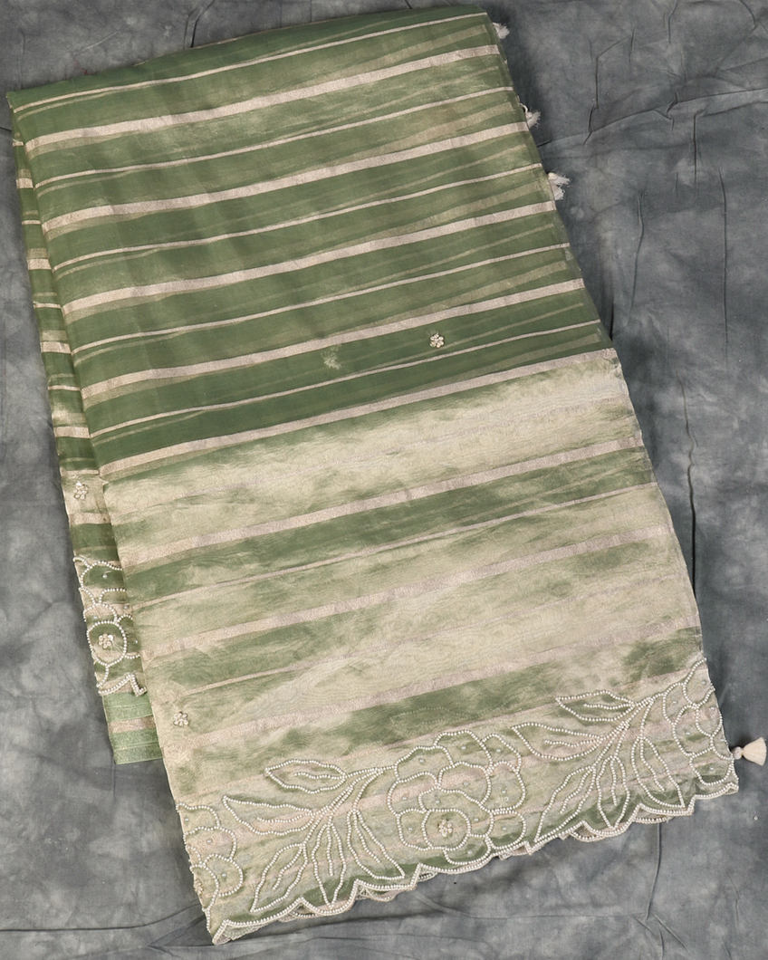 Green Kora Tissue Organza Embroidery Saree T4294334