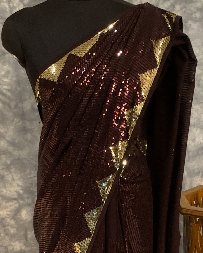 Deep Brown Georgette Silk Embroidery Saree T4327424