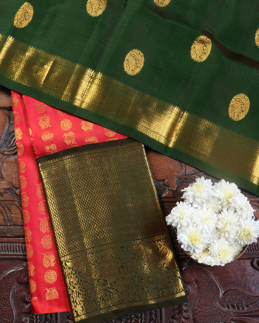 Orangish Pink Handwoven Kanjivaram Silk Pavadai and Dupatta T399501-image
