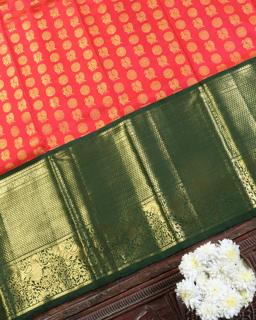 Orangish Pink Handwoven Kanjivaram Silk Pavadai and Dupatta T3995012