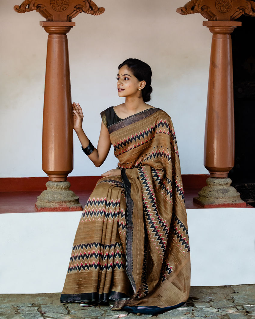 Brown Tussar Printed Saree T435324-image