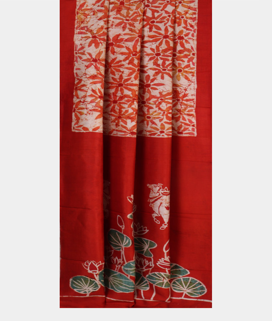 Off-White Batik Printed Silk Saree T3916922