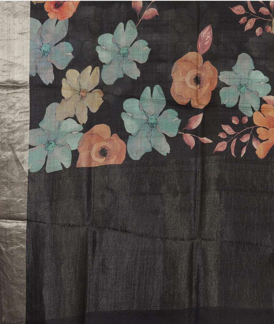 Dark Grey Tussar Printed Saree T4301354
