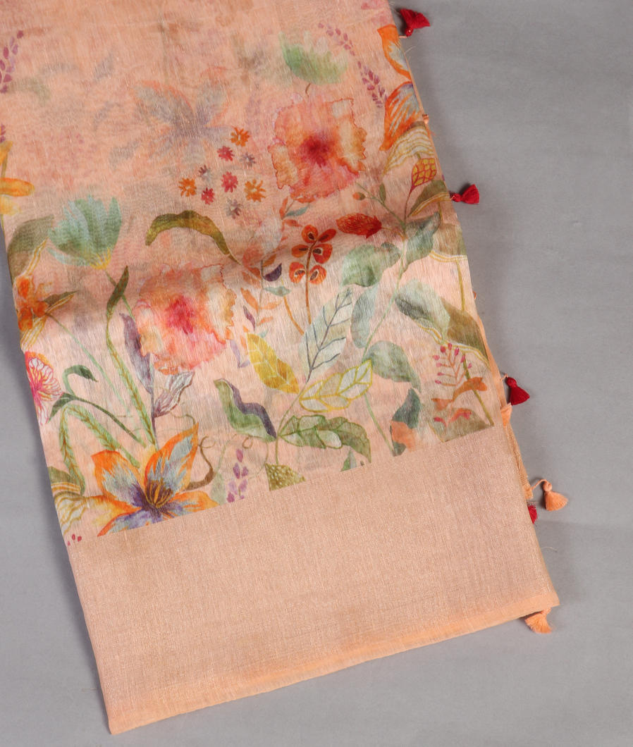 Peach Linen Printed Saree T436125-image